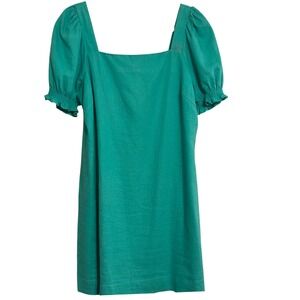 Draper James RSVP Square Neck Puff Sleeve Teal Green Dress Linen Blend Large EUC